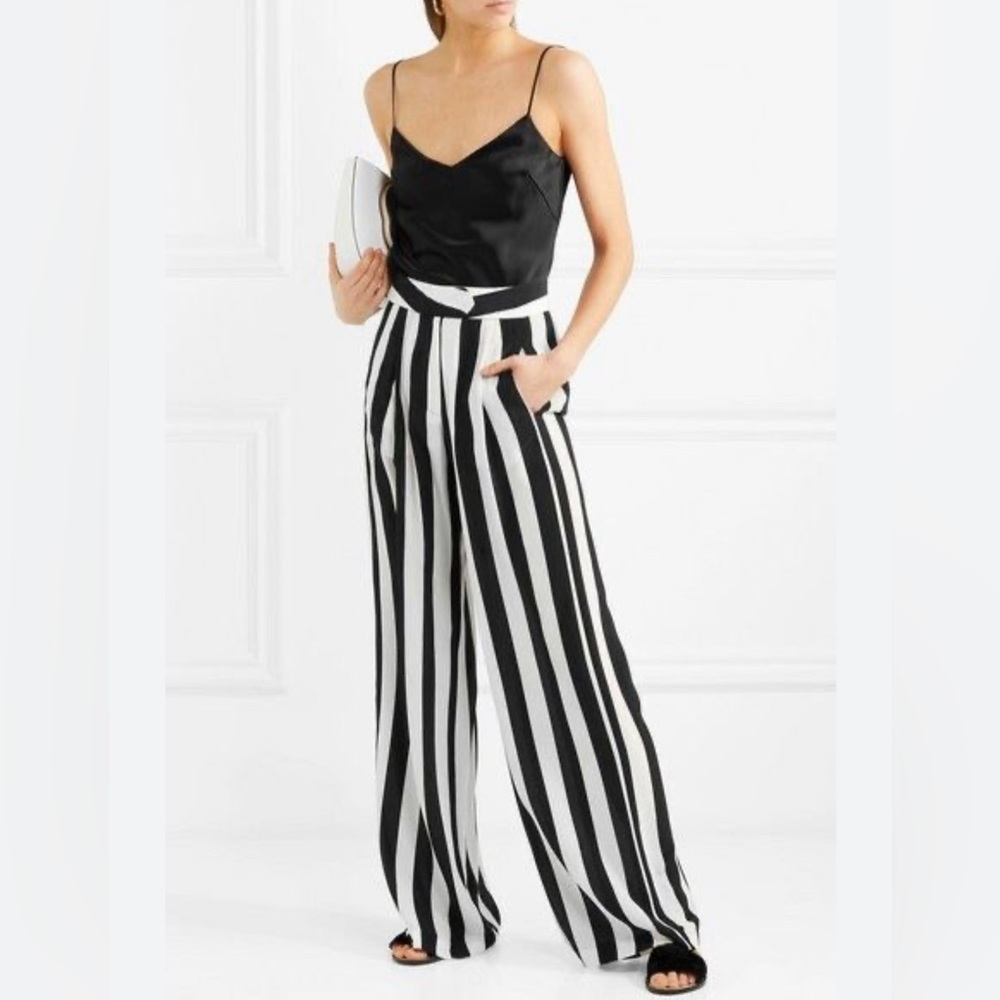 Michelle Maison Striped Silk Crepe De Chine Wide Leg Pants Size 8